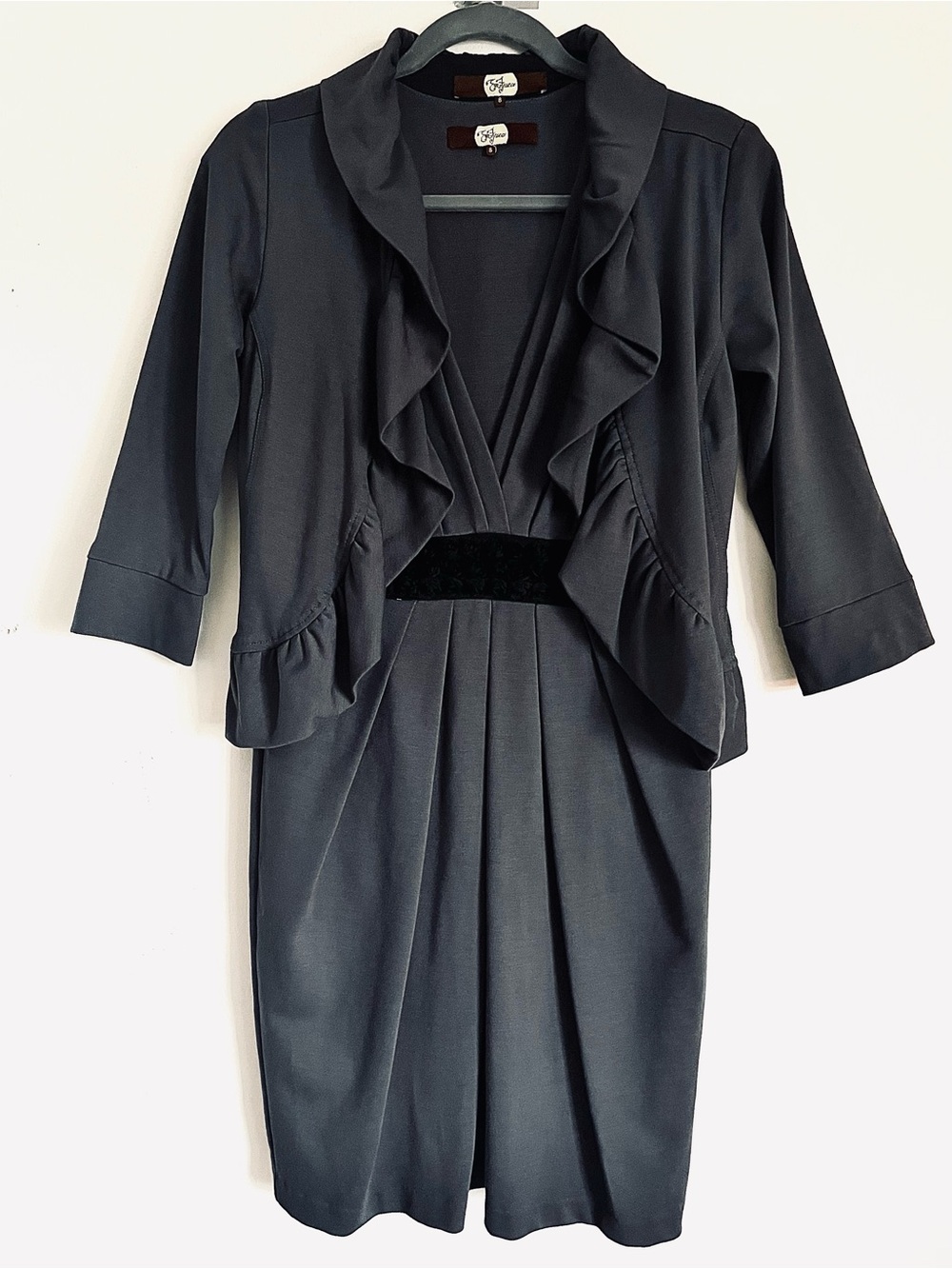 Eva Franco Gray Sheath Dress & Ruffle Bolero Jacket Set Rosette Waistband Size 8